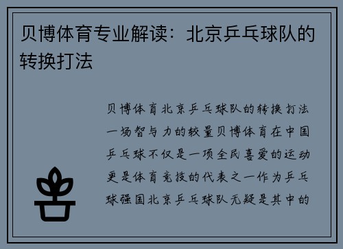贝博体育专业解读：北京乒乓球队的转换打法