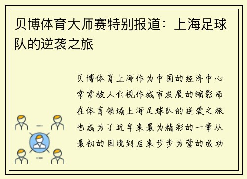 贝博体育大师赛特别报道：上海足球队的逆袭之旅