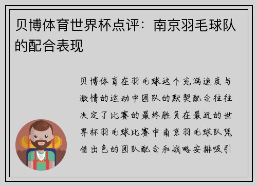贝博体育世界杯点评：南京羽毛球队的配合表现