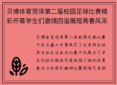 贝博体育菏泽第二届校园足球比赛精彩开幕学生们激情四溢展现青春风采