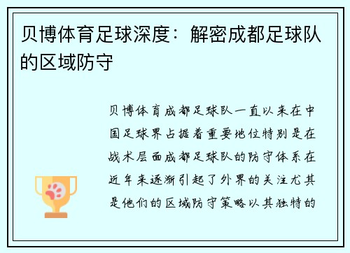 贝博体育足球深度：解密成都足球队的区域防守